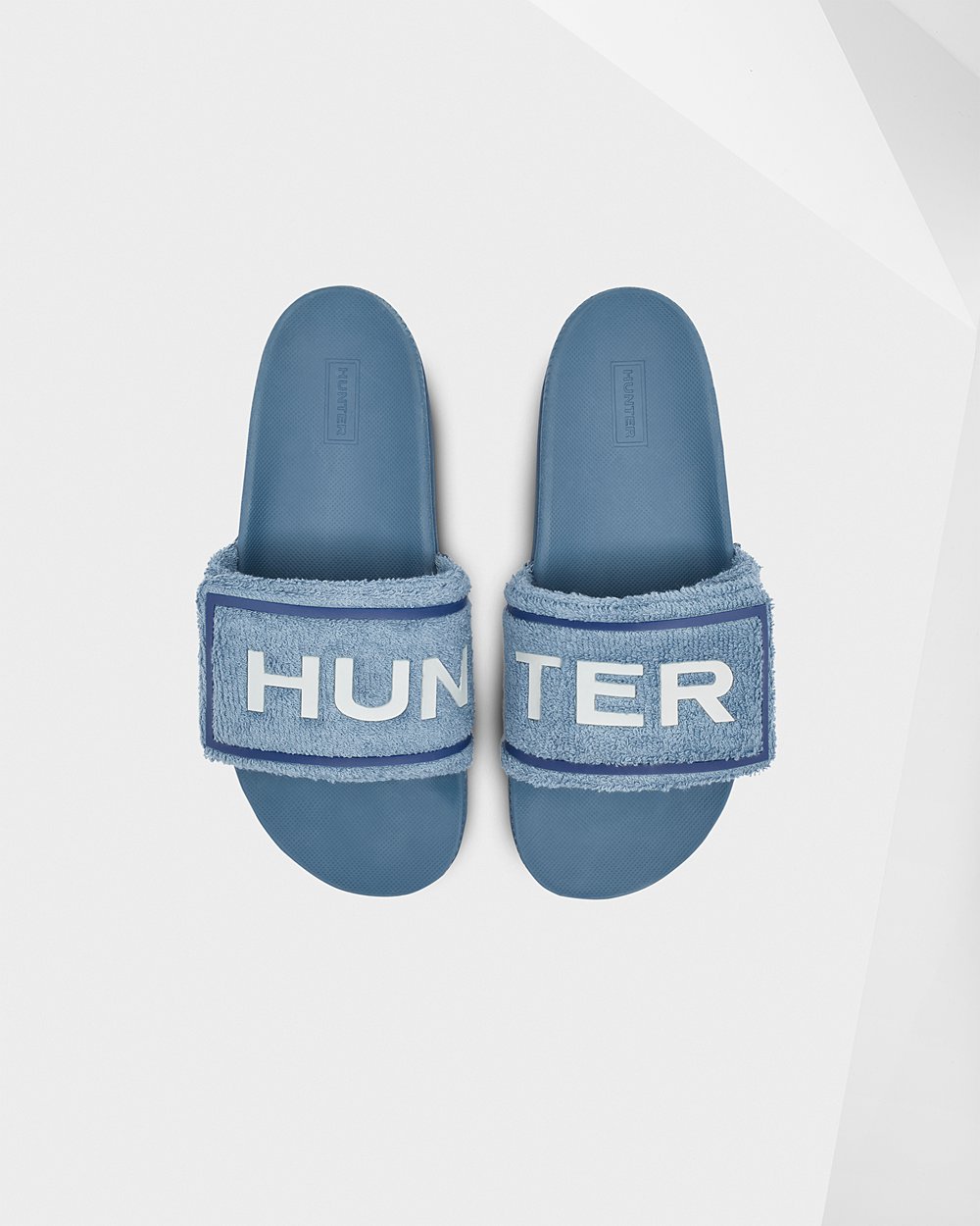 Hunter Original Terry Towelling Logo Adjustable Slides - On Sale Womens Blue - BNRGJT967